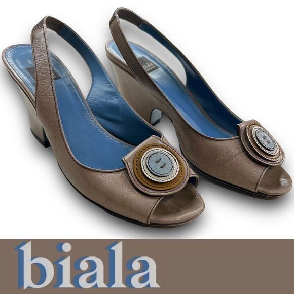 Biala Made in Italy Women’s 6.5 Leather Peep Toe Slingback Sandal Heels Brown - Picture 1 of 9